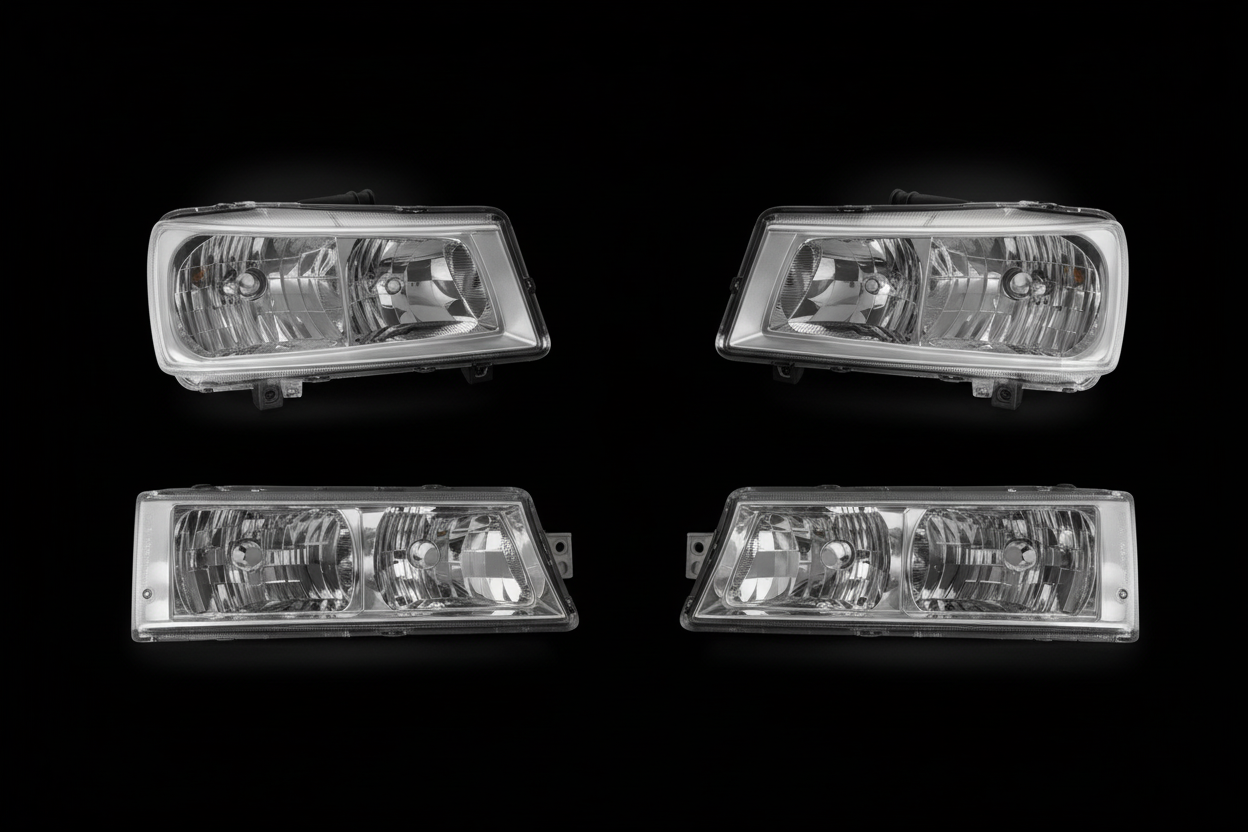 Four headlight assemblies on black background