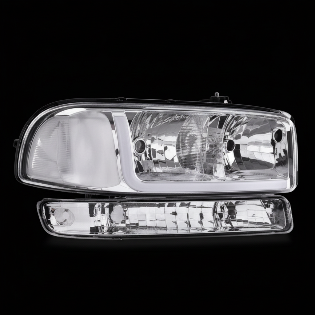 Headlight and bumper light detail on black background