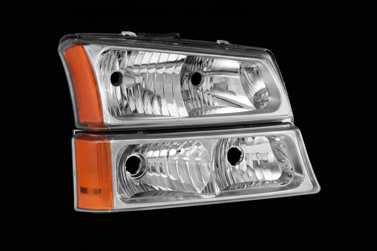 Headlight assembly angled view on black background