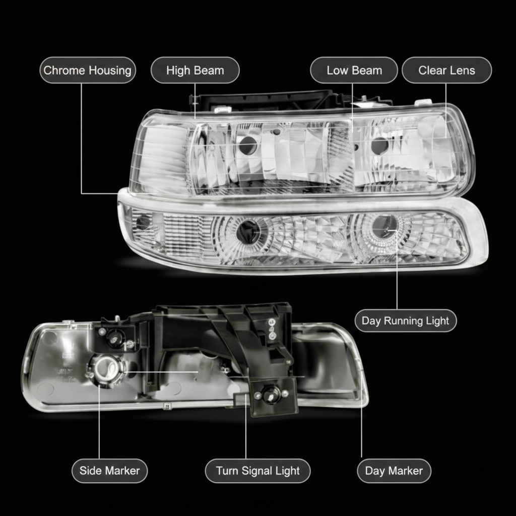 Headlight features diagram with black background