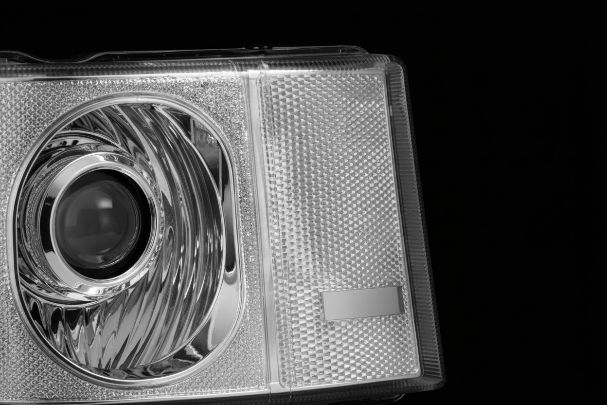 Headlight lens detail on black background