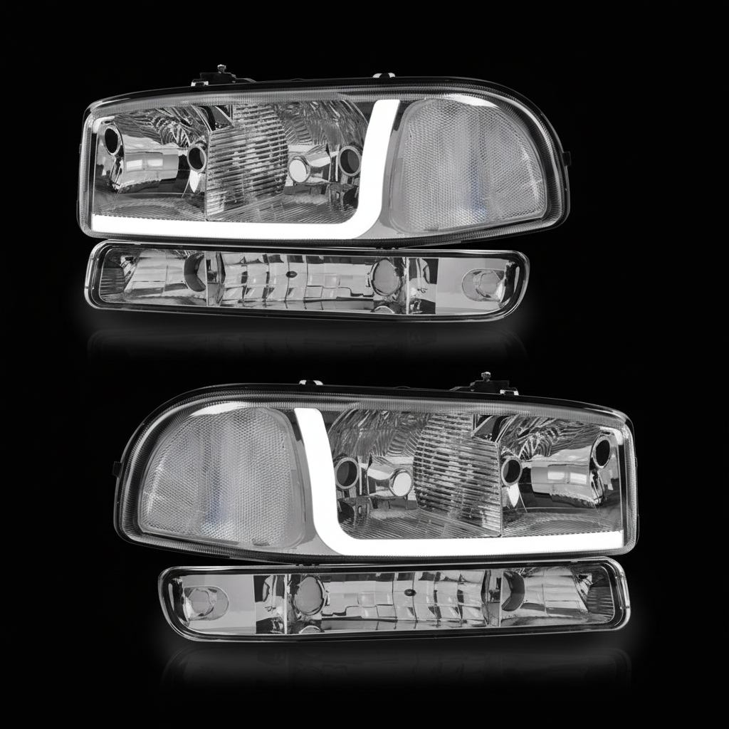 Headlights and bumper lights on black background
